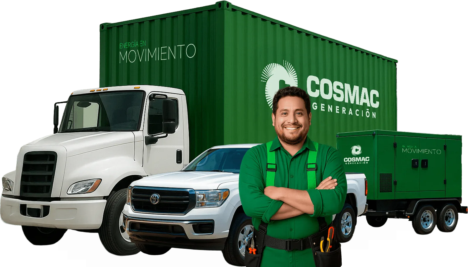 Técnico de COSMAC con camión, camioneta y generadores de la flota de renta
