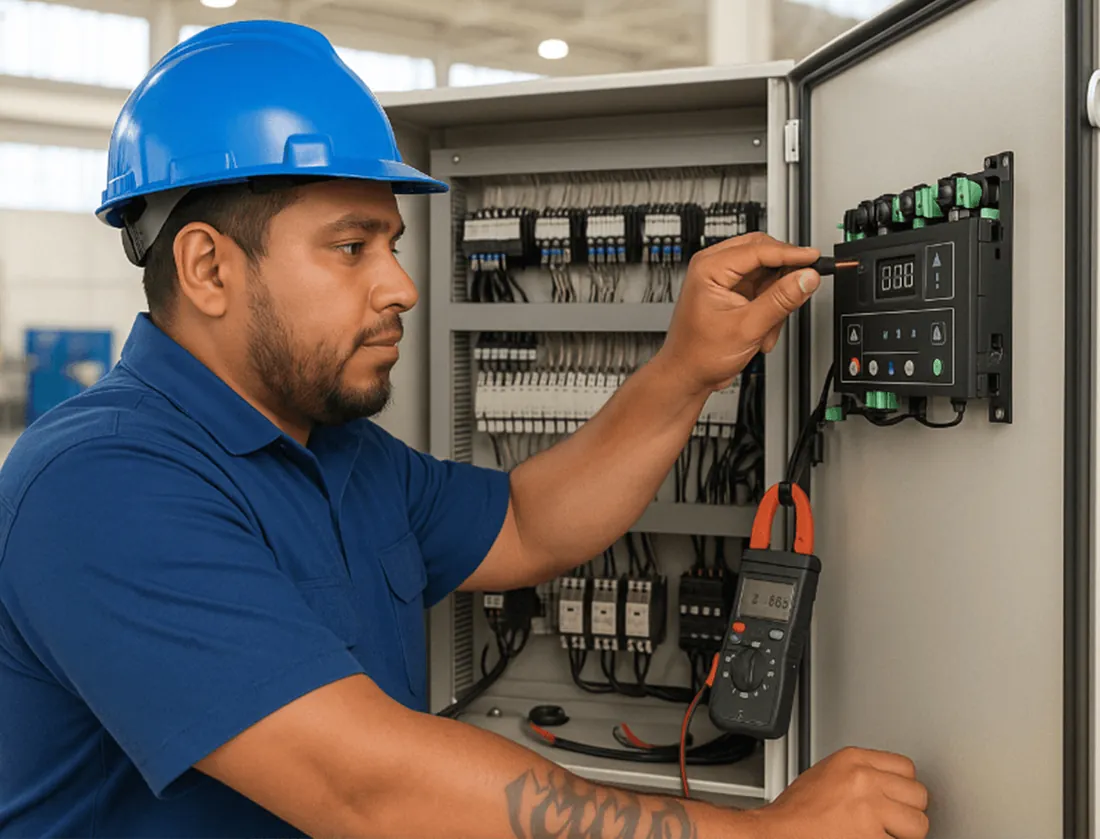 Técnico midiendo un tablero de control
